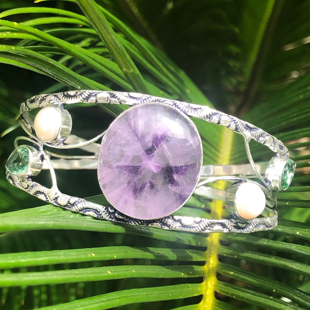 Purple Fluorite pearl 925 stamped silver bangle